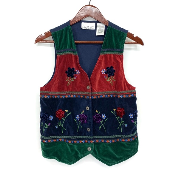 Casey & Max Vintage Velvet Embroidered Flower Applique Button Up Vest Size Small - Picture 1 of 16